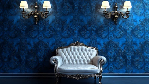 Elegant tufted settee in a richly lit blue salon.