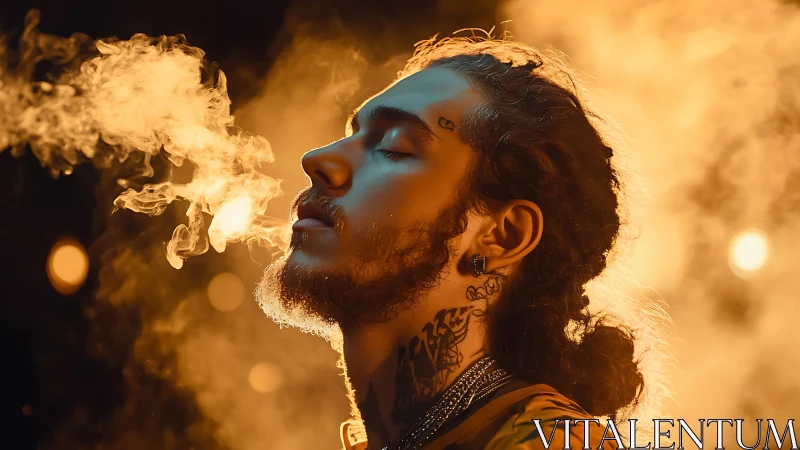 Tattooed man exhales smoke in golden cinematic backlight.