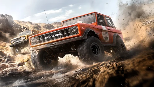 Dusty off-road racers charging through rugged canyon trails.
