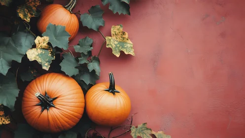 Autumn pumpkins on vine against rustic terracotta wall.