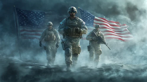 Storm-lit soldiers stride forward beneath roaring flags