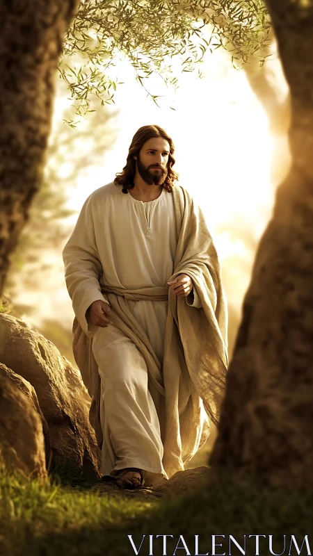 Radiant robed figure walking through sunlit olive grove.