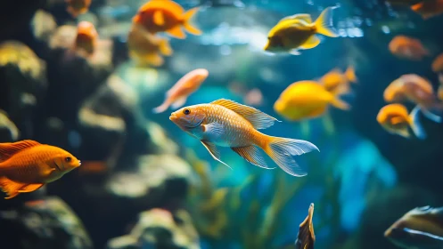 Golden fish drifting through a softly glowing reef world.