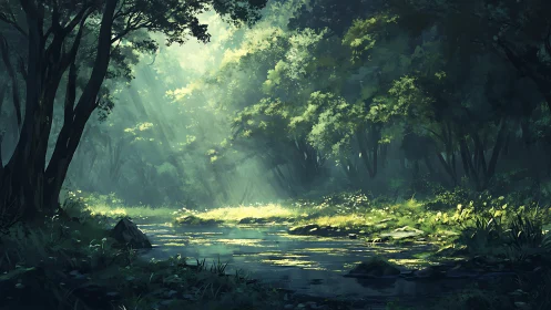 Enchanted Forest Stream: Cathedral Light Rendering with Volumetric Atmosphere