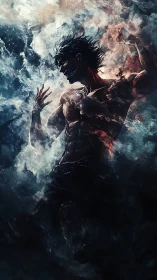 Elemental warrior emerges from swirling smoke and fire.