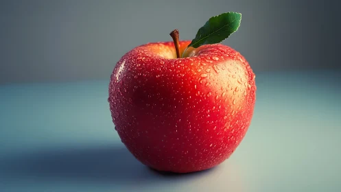 Photorealistic macro study of red apple with dewdrops on plane.