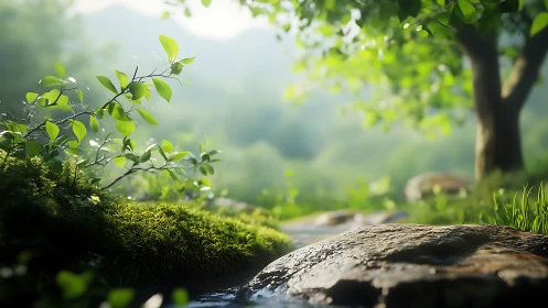 Moss-covered stone with foliage and waterway in forested environment.
