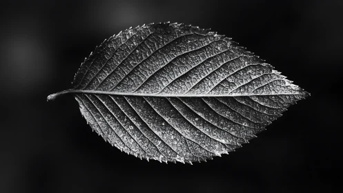 Monochrome macro study of serrated leaf venation on black