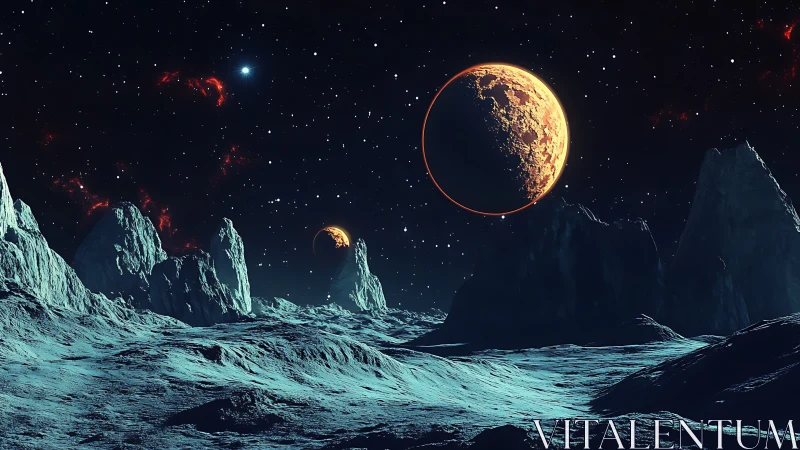 Digital painting of alien ice plateau under dual crescent moons.