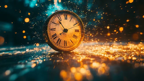 Vintage clock glows amid flying sparks and golden bokeh.