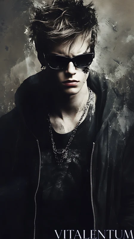 Moody young man in dark streetwear and sunglasses.