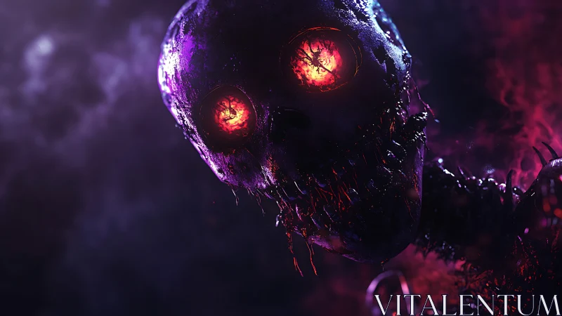 3D horror skull portrait with infernal bioluminescent eyes.