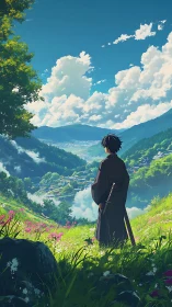 Quiet samurai gazes over a sunlit valley of clouds and green