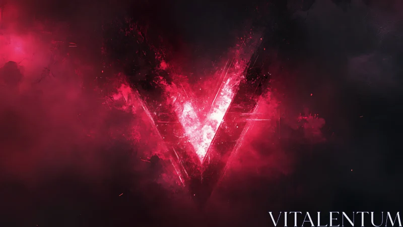 Glowing red V emblem in dense abstract smoke field.