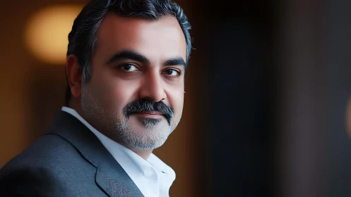 Middle-aged man in suit against blurred interior background.