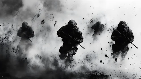 Tactical assault squad emerging through explosive smoke field.