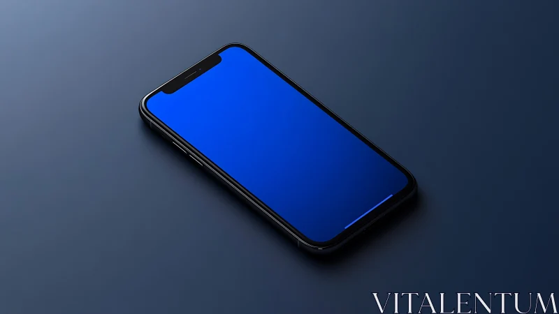 Black smartphone with blue screen displayed on gray surface