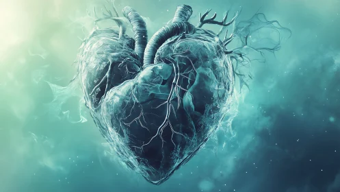 Translucent anatomical heart rendered in teal digital mist