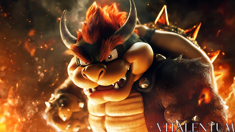 Fiery horned beast roars within blazing inferno glow.