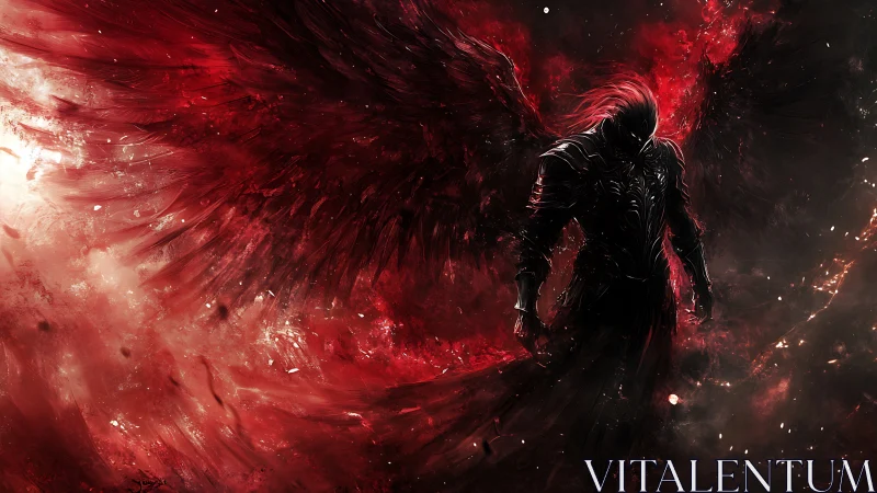 Dark seraphim silhouette in crimson atmospheric digital painting.