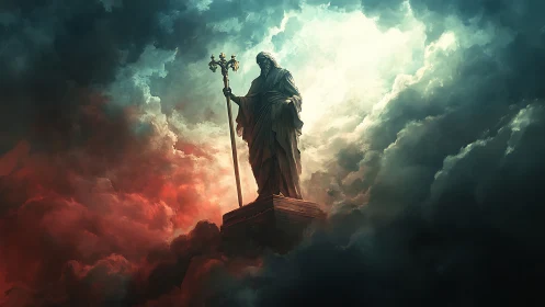 Stormlit skyward sentinel crowned in radiant divine mist.