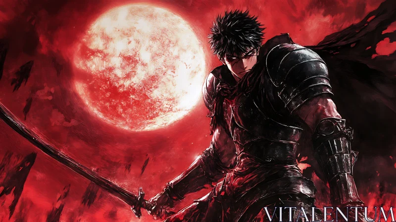 Armored swordsman under blood-red moon in high-contrast anime rendering