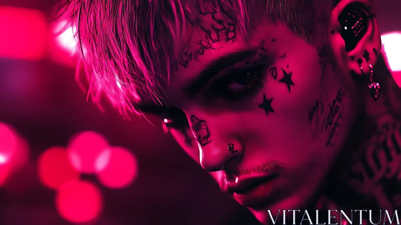 Neon magenta portrait of tattooed cyberpunk youth in close-up