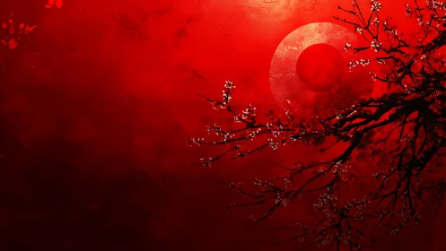 Crimson sakura silhouette before textured lunar disc portal