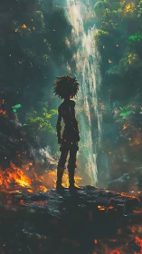 Silhouetted figure observes jungle waterfall amid encroaching fire