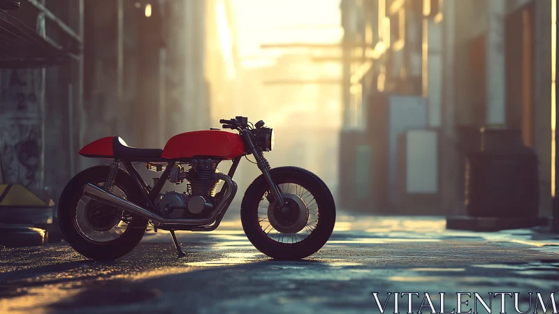 Red custom café racer motorcycle stands in sunlit alley