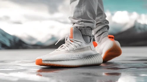 Modern sneakers stand bold against a misty mountain backdrop.