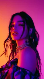 Portrait of woman in vivid orange and magenta lighting.