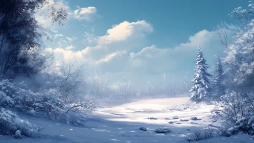 Snow-covered forest clearing under bright winter sky.