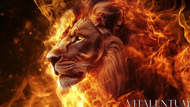 Lion of living flame gazes calmly through swirling firestorm.