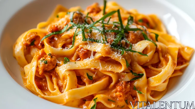 Creamy tagliatelle pasta glows with rich tomato seafood sauce