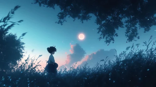 Solitary child under luminous moon in dreamlike meadow.