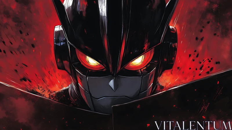 Mecha helmet portrait under infernal red backlighting.