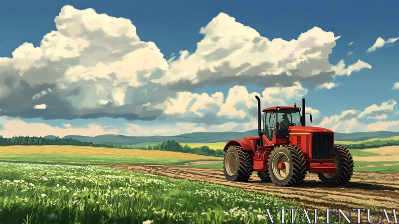 Red articulated tractor traverses cultivated fields under cumulus sky