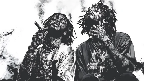 Monochrome hip hop duo exhaling smoke in gritty style.