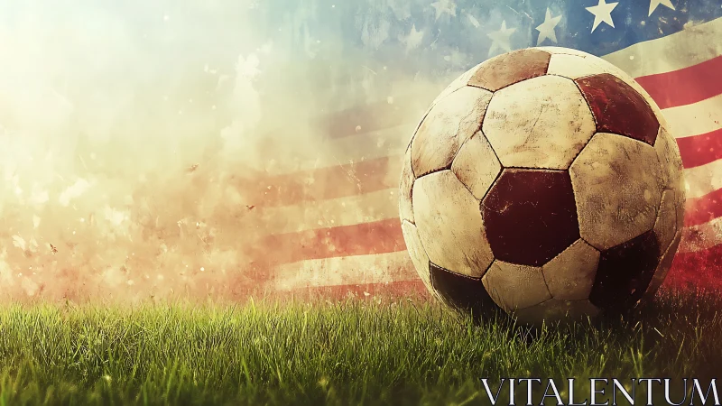 Weathered soccer ball on grass before faded US flag background.