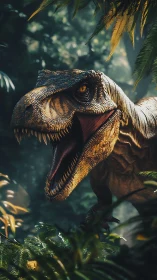 Predatory dinosaur roars through dense jungle light.