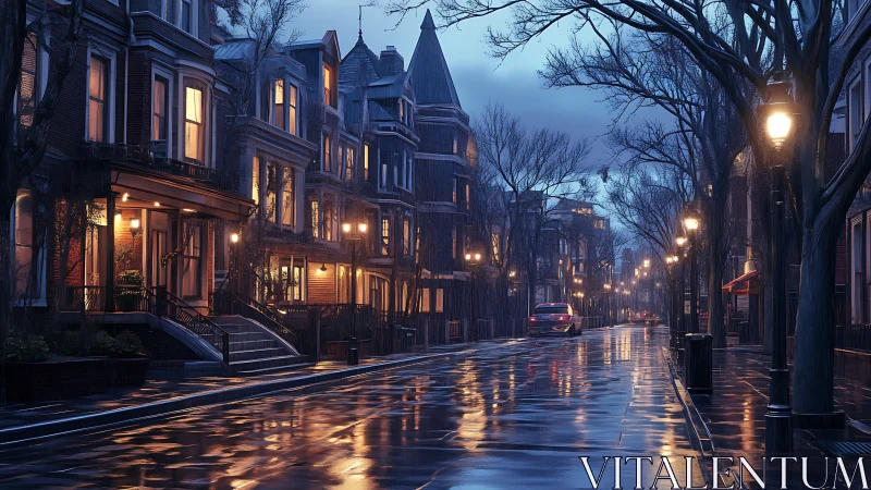 Rainy city street with brownstone row houses at dusk.