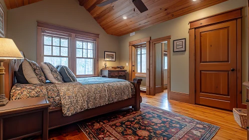 Rustic bedroom showcases warm wood trim and patterned textiles