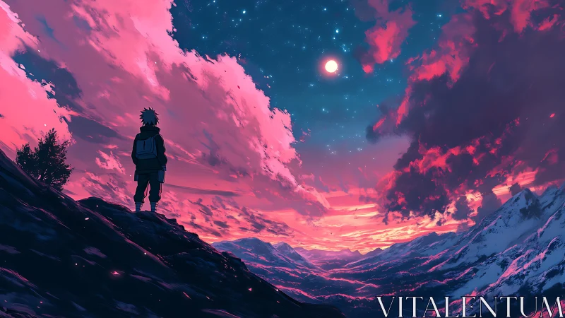 Lone traveler watches a neon dusk sky ignite the mountains