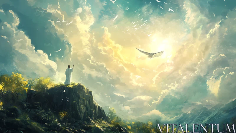Radiant sky welcomes a robed figure standing on a sunlit cliff