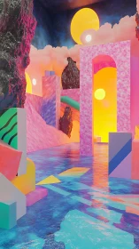 Neon dreamscape of arches, twin suns, and reflective water.