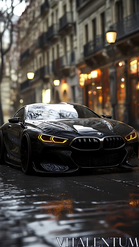 Black BMW sports car on wet city street at dusk.