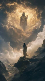 Stormlit seeker beholds towering celestial guardian in clouded sky.