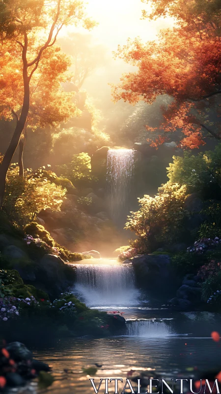Sunlit forest waterfall hums softly through autumn bloom