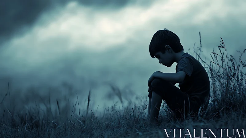 Backlit child silhouette in desaturated blue twilight field study